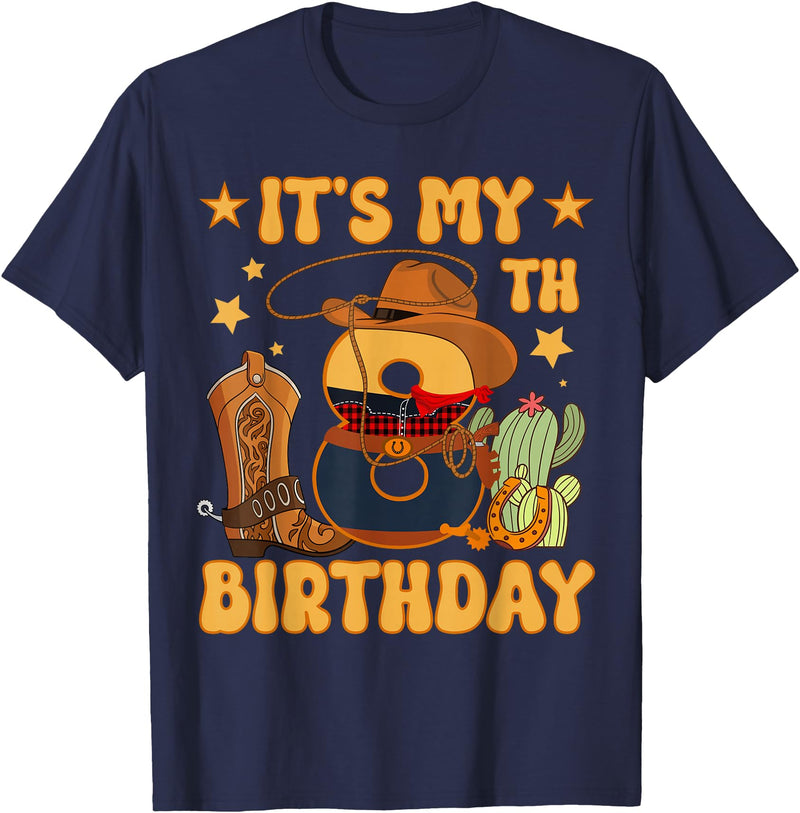 8th Birthday Cowboy Horse Western Family Kids It's My 8th Birthday Cowboy Rodeo Horse 8 Year Old Bday Boy T-Shirt - Navy Blue