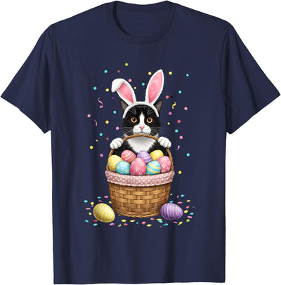 Tuxedo Cat in Bunny Ears Easter Basket T-Shirt