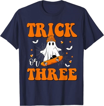 3 Year Old Boy Birthday Gift For Spooky Boys Kids Trick or Three 3rd Halloween Birthday Ghost Skateboarding T-Shirt