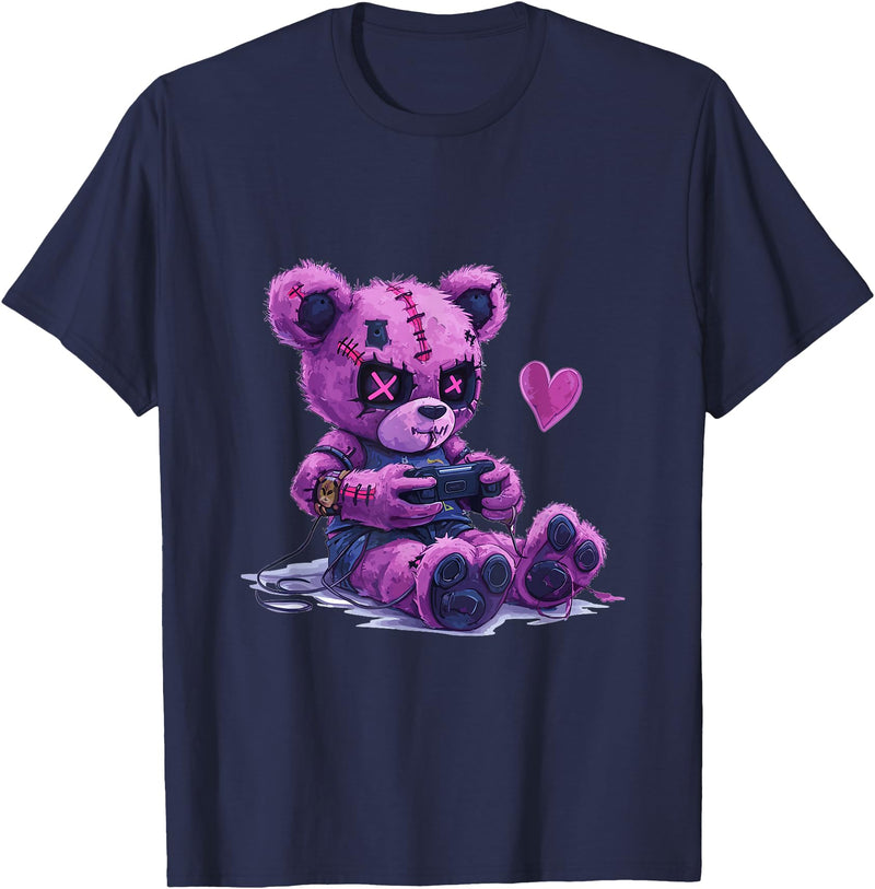 Goth Pastel Cute Creepy Kawaii Gamer Teddy Bear Gaming Rabbit T-Shirt in Navy Blue