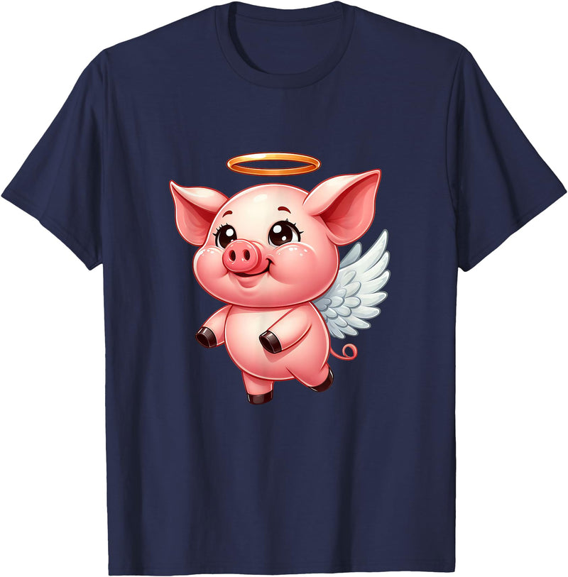 Cute Pig Angel with Wings T-Shirt - Navy Blue