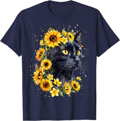 Funny Black Cat lover Black Cat Sunflower Floral T-Shirt