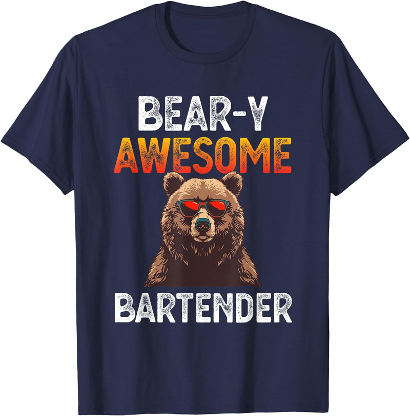 Beary Awesome Bartender Funny Mixologist Vintage Bear-y Awesome Bartender Pun Joke Barman Funny Barkeeper Men T-Shirt - Navy Blue