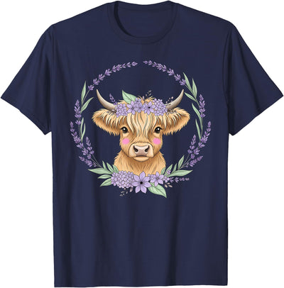 Girls Cute Baby Highland Cow Design Purple Flowers Farm T-Shirt