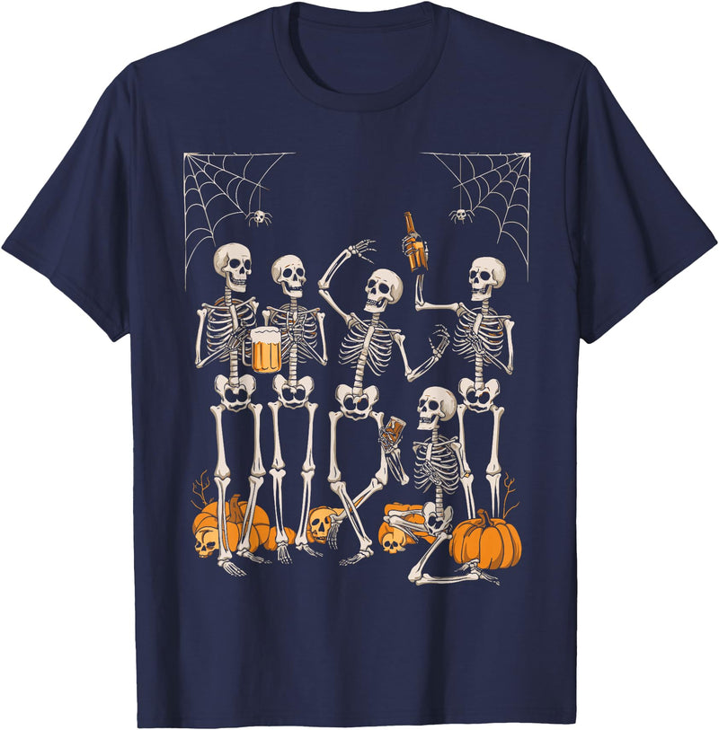 Funny Halloween Skeleton Scary Skeleton Party Halloween Costume 2024 Drinking Beer T-Shirt - Navy Blue