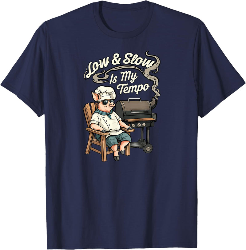 Pitmaster Pig Apparel Low & Slow Is My Tempo Pig BBQ Smoker T-Shirt - Navy Blue
