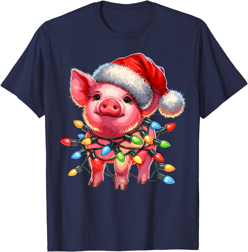 Christmas Pig Lover Christmas Light Pig Lover T-Shirt - Navy Blue