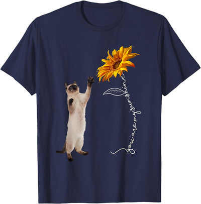 Cat Craze Tees Siamese Cat Reaching the Sunflower T-Shirt