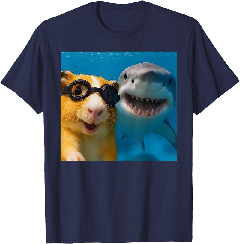 Selfie Guinea Pig and Shark Summer Scuba Diving Funny Guinea Pig Selfie with Shark Ocean Lovers T-Shirt - Navy Blue