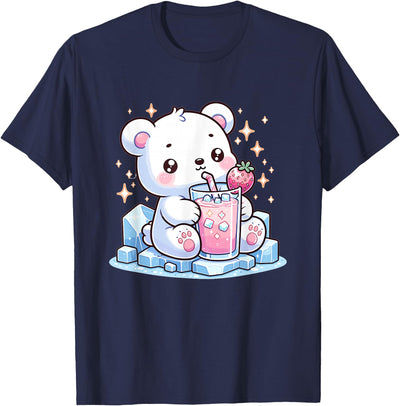 Cute Japanese Kawaii Animals Drinking Milk Co. Cute Kawaii Style Polar Bear Drinking Strawberry Milk T-Shirt