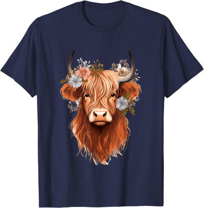 Cottagecore Floral Cow Girls and Kids Flowers Highlander T-Shirt