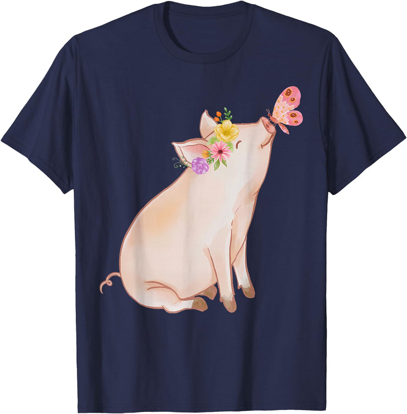 Watercolor Pink Pig With Floral And Butterfly Farm Design T-Shirt - Navy Blue