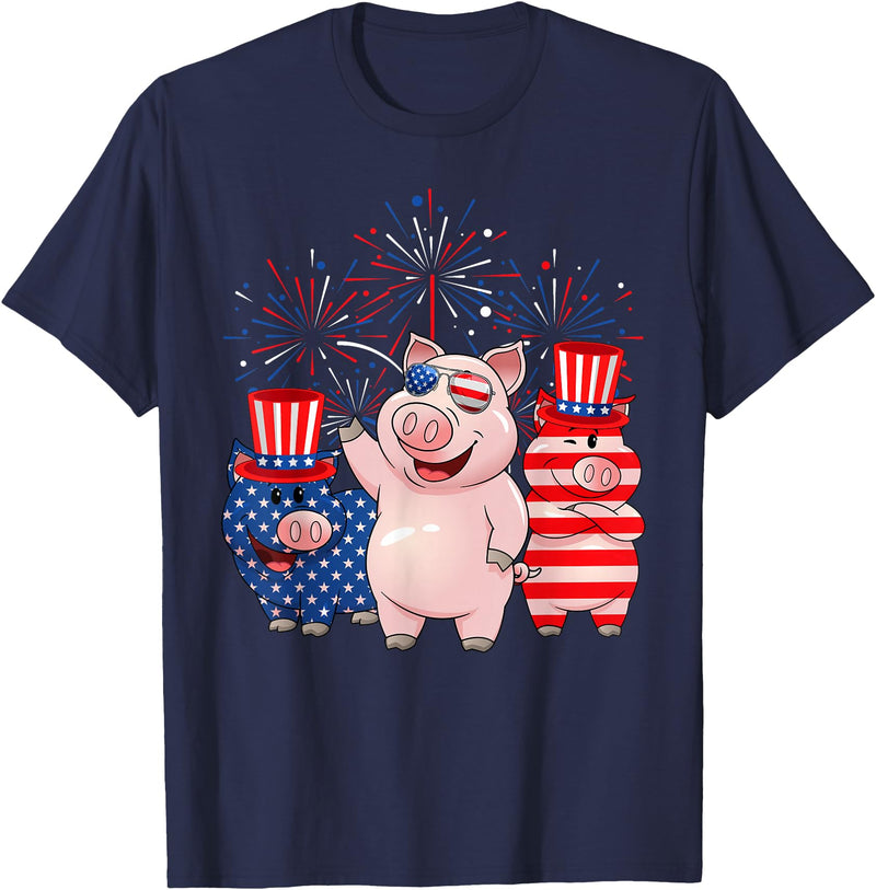 Ohia Three Patriotic Pigs USA Independence Day Tee Funny Red White Blue Pig American Flag Farmer 4th Of July T-Shirt - Navy Blue