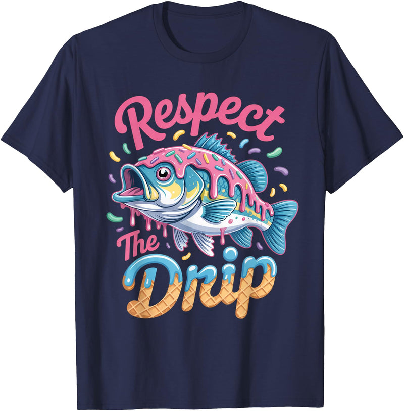 Fishermen Gifts Little Girls Boys Respect The Drip Fishing Boys Girls Fish Youth Bass Kids T-Shirt - Navy Blue
