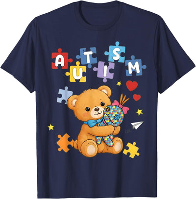 Cute Autism Awareness Bear Colorful Puzzle T-Shirt