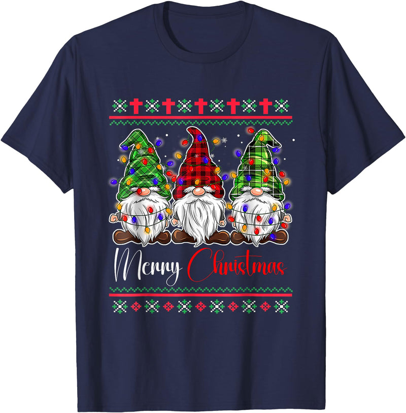 Xmas Lights Gnomes Holiday Graphics Merry Christmas Leopard Buffalo Red Plaid for Men Women T-Shirt - Navy Blue