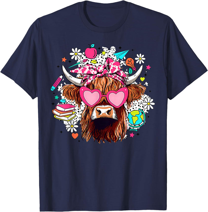 Cute Highland Cow Funny Teacher Life Retro Cute Highland Cow Teacher Bow Flower Heart Glasses T-Shirt - Navy Blue