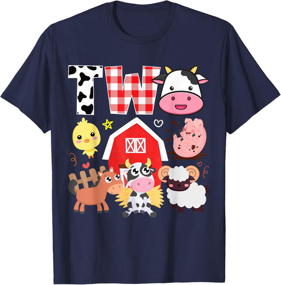 2nd Birthday Two Year Old Farm Theme Animals Birthday Party T-Shirt - Navy Blue
