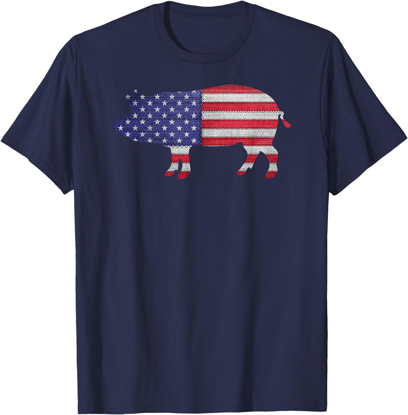 TeeRetro Patriotic Pig American Flag Vintage Funny Gift T-Shirt - Navy Blue