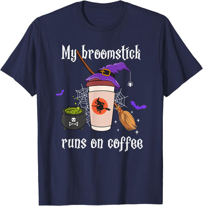 Spooky Caffeine Witch Fall Festival Designs Witch Halloween My Broomstick Runs On Coffee Women T-Shirt