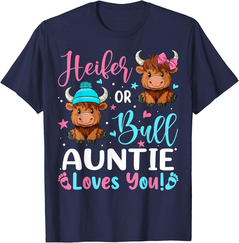 Reveal Party Highland Cow Bull or Heifer Auntie Loves You Highland Cow Lover T-Shirt - Navy Blue