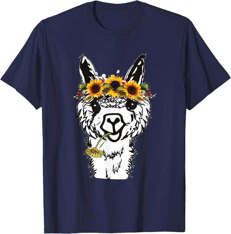 Funny Llama Alpaca Animal Lover Women's Floral Llama Alpaca Funny Graphics T-Shirt - Navy Blue