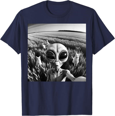 Funny Alien Cat Selfie Photo UFO Tee Alien Cat Selfie Black and White Photo Funny UFO T-Shirt