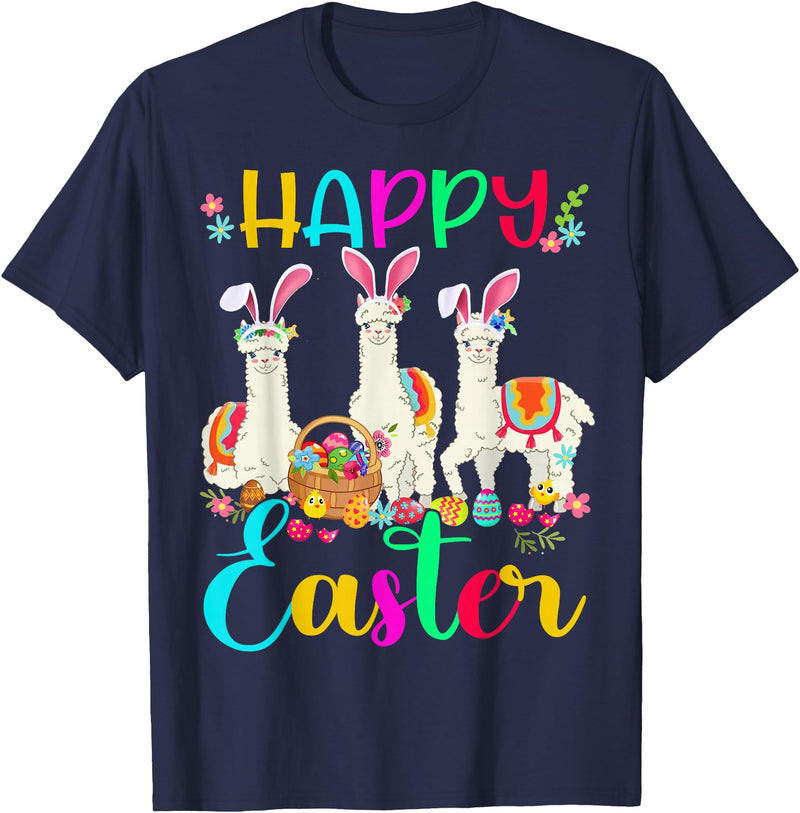 Happy Easter Three Llama Wearing Bunny Ear Happy Easter Llama Lover Three Llama Wearing Bunny Ear T-Shirt - Navy Blue