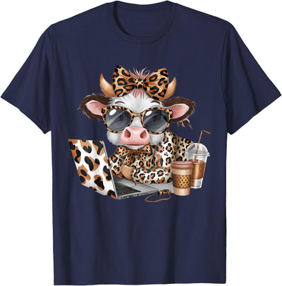 Cute Highland Cow Coffee Addict Cute Cow Leopard Coquette T-Shirt