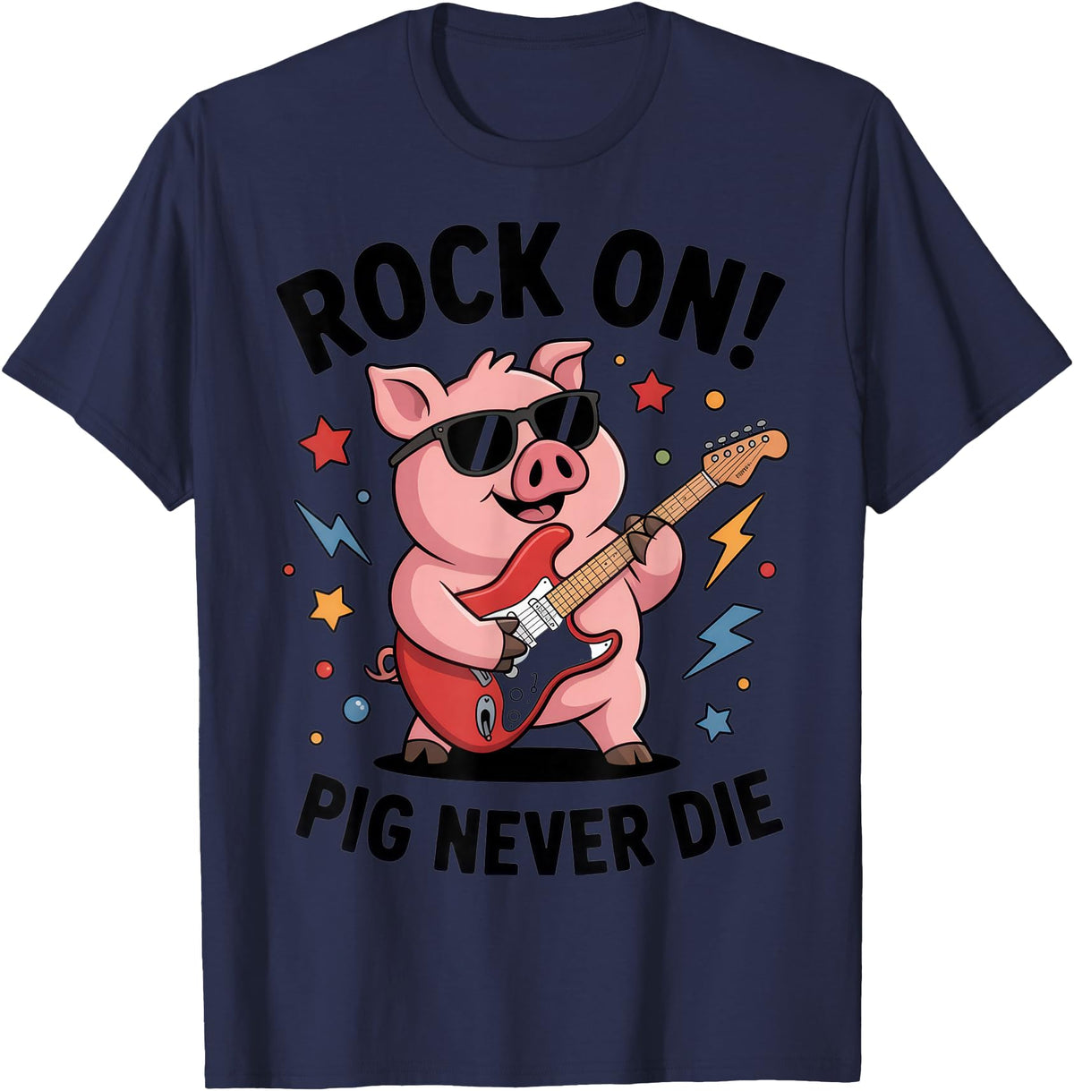 Musical Pig Tribe Collective for Rock Enthusiasts Rock On Pig Never Die Music Lovers Funny Concert Vibe T-Shirt - Navy Blue