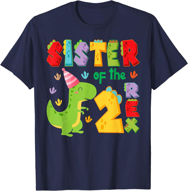 Funny 2Nd Birthday Dinosaur T-Rex Matching Sister of The Two Rex 2Nd Birthday Boy Dinosaur T-Rex T-Shirt - Navy Blue