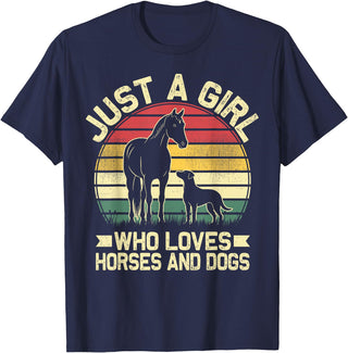 Unique Horse Riding Gifts for Girls Toddlers Just A Girl Who Loves Horses and Dogs Animal Lover T-Shirt - Navy Blue