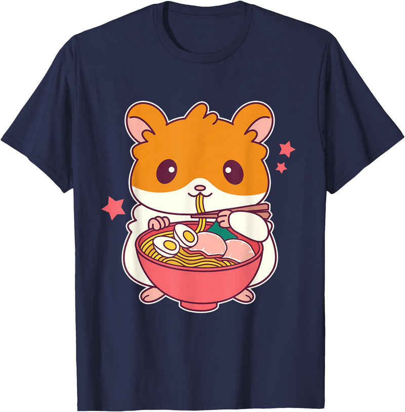 Cute Hamster Eating Ramen Hamster Lovers T-Shirt - Navy Blue