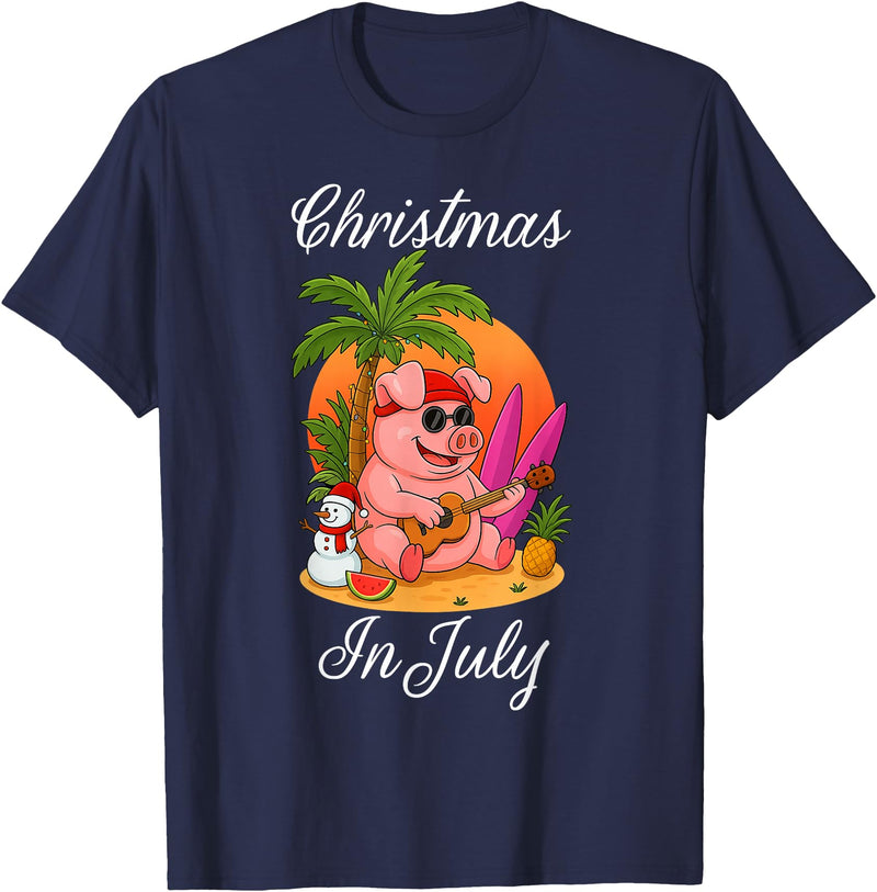 Cute Funny Pig Christmas Xmas Summer Vacation Gift Christmas In July Cute Pig Funny Summer Vacation Beach Vibes T-Shirt - Navy Blue