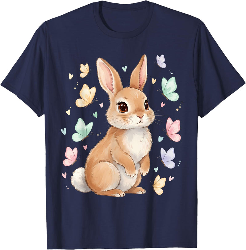 Vintage Spring Easter Bunny Rabbit Butterfly Women Girls T-Shirt in Navy Blue