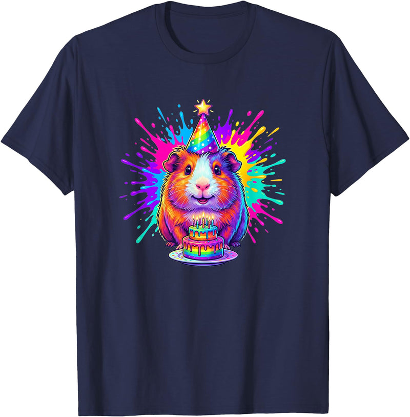 Cute Birthday Guinea Pig Rainbow Cake Party Hat Happy Birthday Guinea Pig Rainbow Cake Party Hat T-Shirt - Navy Blue