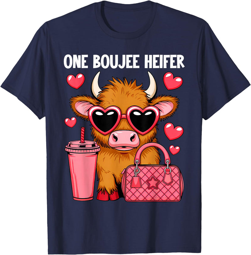Cow Lover Gift Co. Womens Highland Cow One Boujee Heifer Fashion Pink Cow T-Shirt - Navy Blue