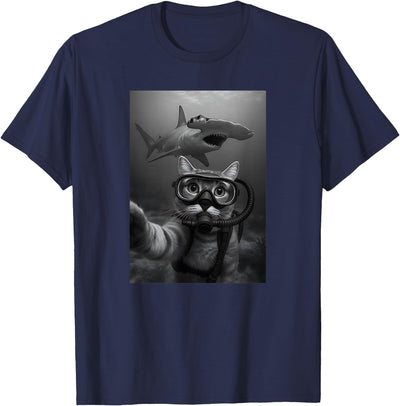 Meme Ocean Animal Art Scuba Diving Cat Selfie with Hammerhead Shark T-Shirt