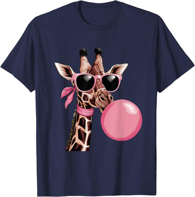 Funny Cute Giraffe Pink Bubble Gum and Pink Sunglasses T-Shirt