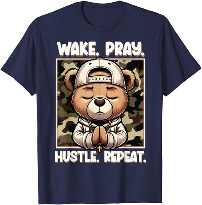Wake Pray Hustle Repeat Hip Hop Teddy Bear Boys Teens Camo T-Shirt