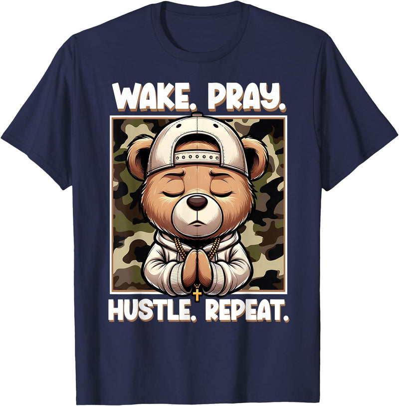 Camouflage Hip Hop Teddy Bear Hustle Grind Designs Wake Pray Hustle Repeat Hip Hop Teddy Bear Boys Teens Camo T-Shirt - Navy Blue