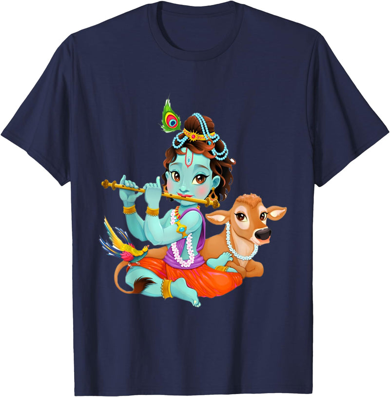 Clever Witty Designs Hindu god Lord Shri Krishna with a Cow and a Bird T-Shirt - Navy Blue