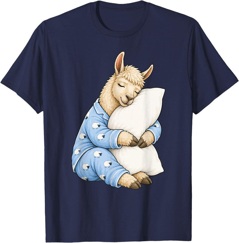 Funny Sleepy Llama Animal Lovers Pajama Llama Sleeping in Cute Pajamas Sleep T-Shirt - Navy Blue