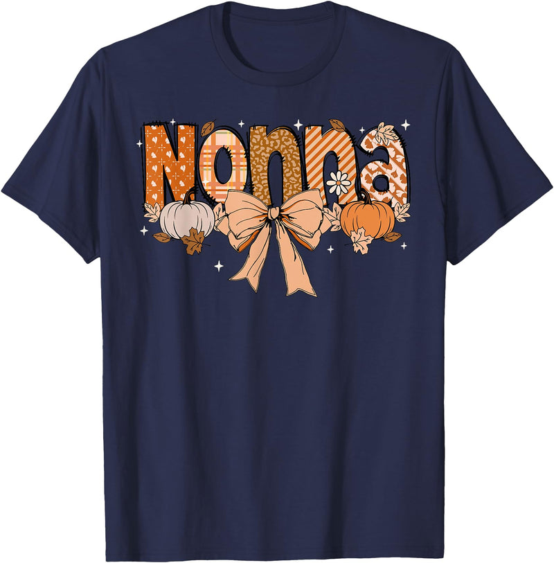 Pumpkin Fall Leopard Happy Thanksgiving Mat Nonna Pumpkin Fall Coquette Bow Thanksgiving Mom Women T-Shirt - Navy Blue
