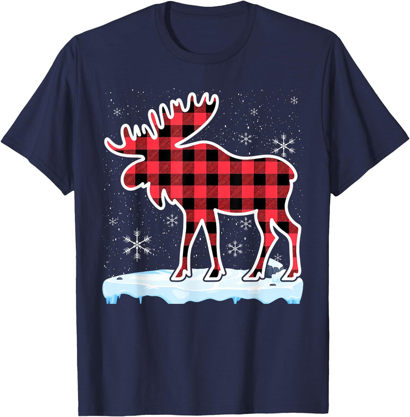 Moose Buffalo Lover Gift Co. Moose Red Buffalo Plaid Matching Pajama Family T-Shirt - Navy Blue