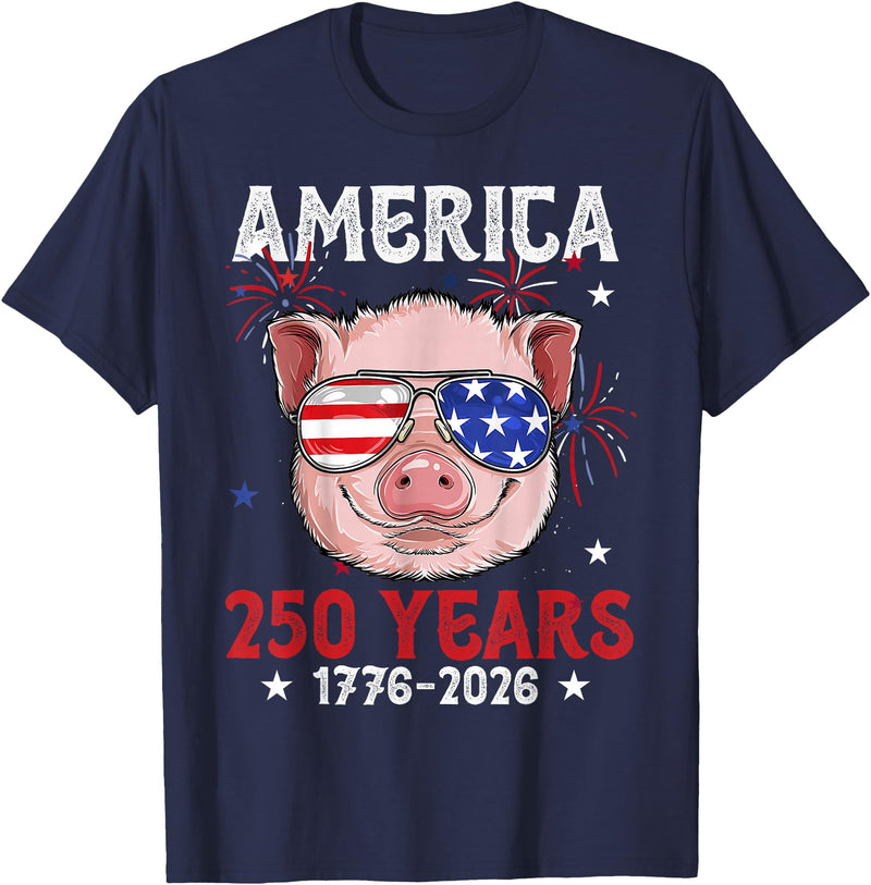 Pig Face 4th of July 1776-2026 Anniversary 250th Pig Sunglasses American Flag America 250 Years Tee 250yr Tee T-Shirt - Navy Blue