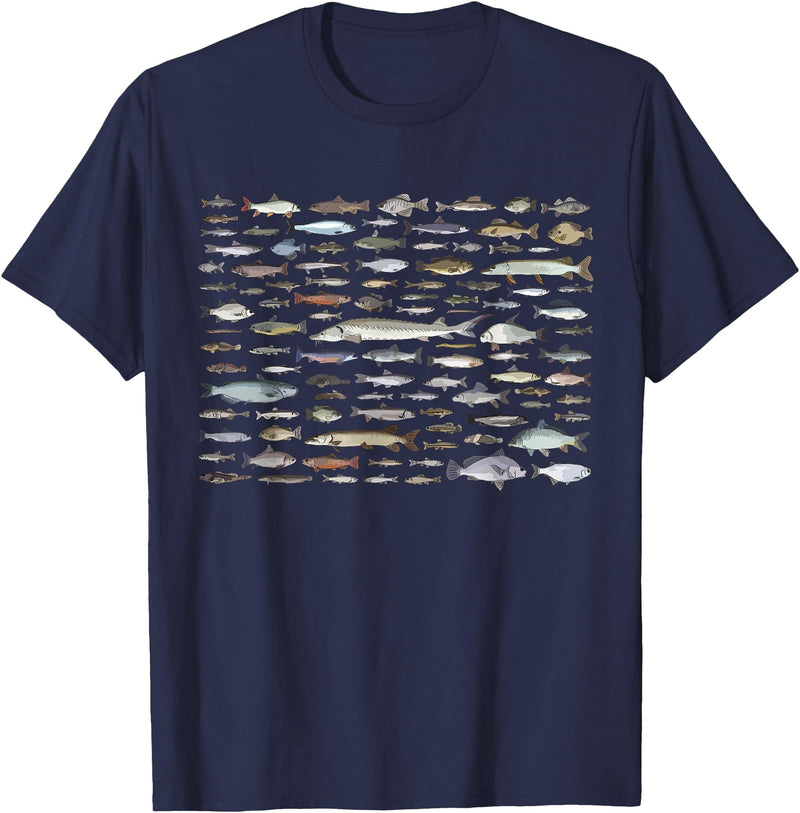 100 Types Of Fish Species Tee 100 Types of Freshwater Fish Species Fishing T-Shirt - Navy Blue