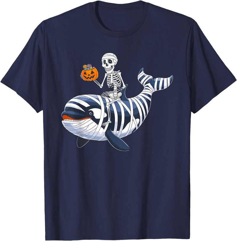 Orca Skeleton Halloween Whale Apparel Co. Skeleton Riding Mummy Orca Halloween Candy Whale T-Shirt - Navy Blue