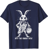 The Creepy White Rabbit in Wonderland Horror Fantasy Art T-Shirt in Navy Blue