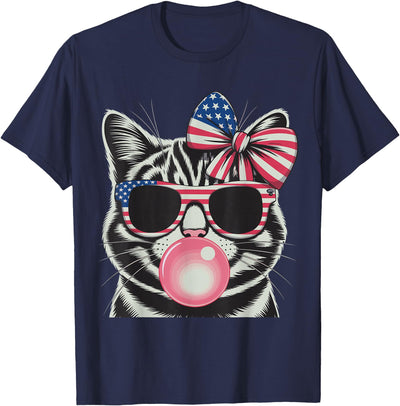 4Th Of July Cat Bubble Gum Glasses Coquette Patriotic Cat 4Th of July Bow American Flag Girls Women T-Shirt